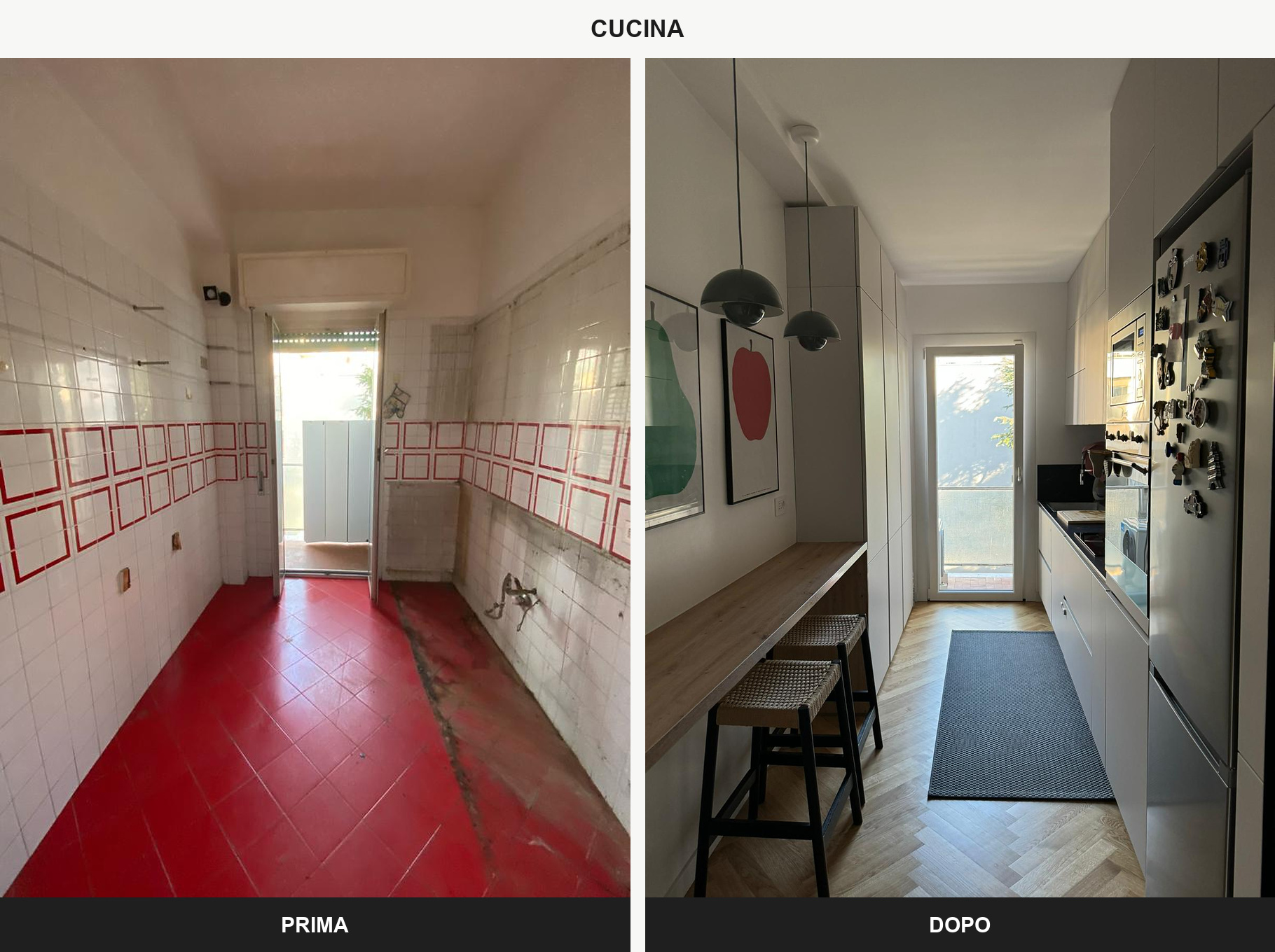 Cucina - prima e dopo, ristrutturazione di un appartamento a Roma