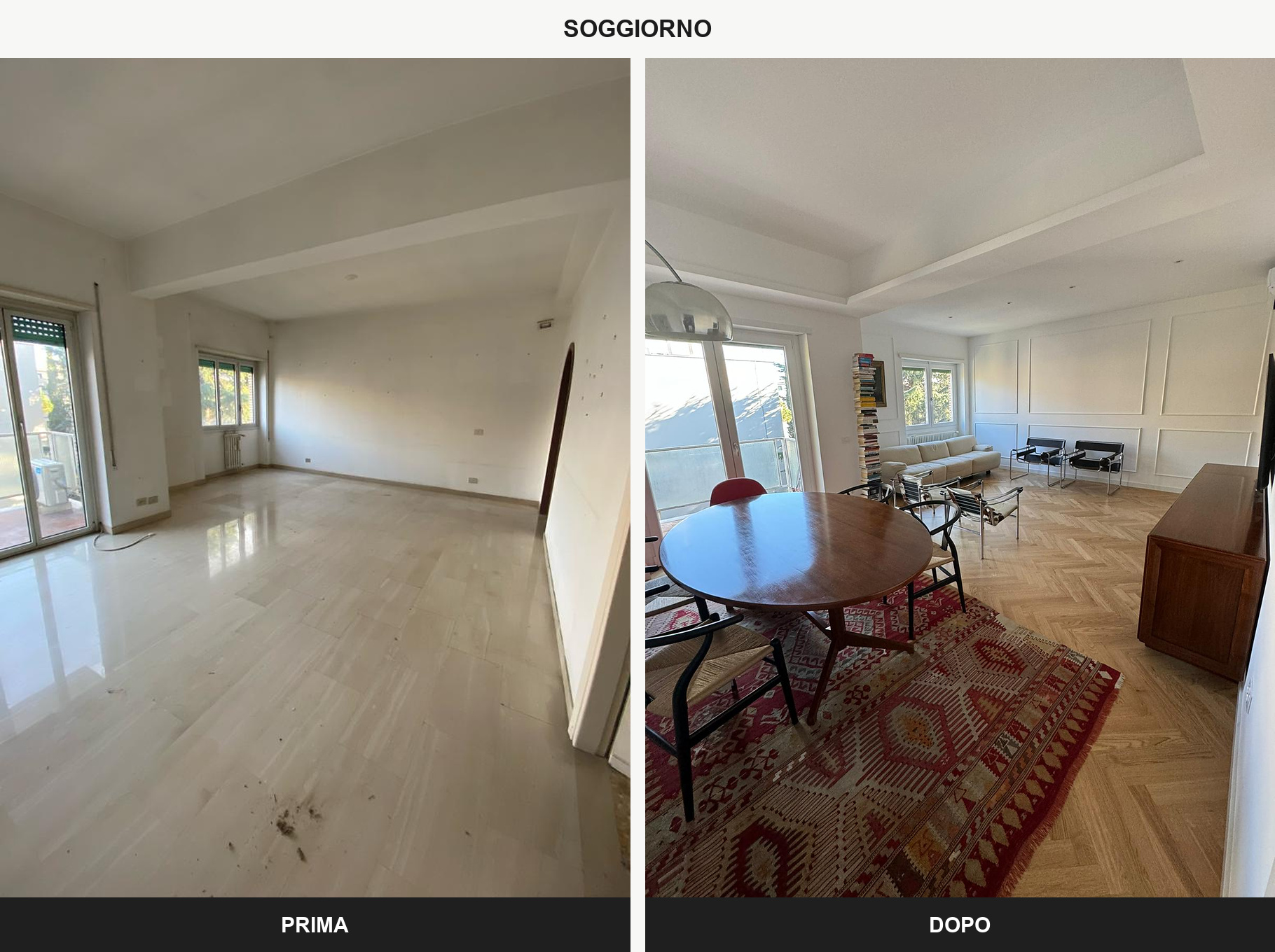 Soggiorno - prima e dopo, ristrutturazione di un appartamento a Roma