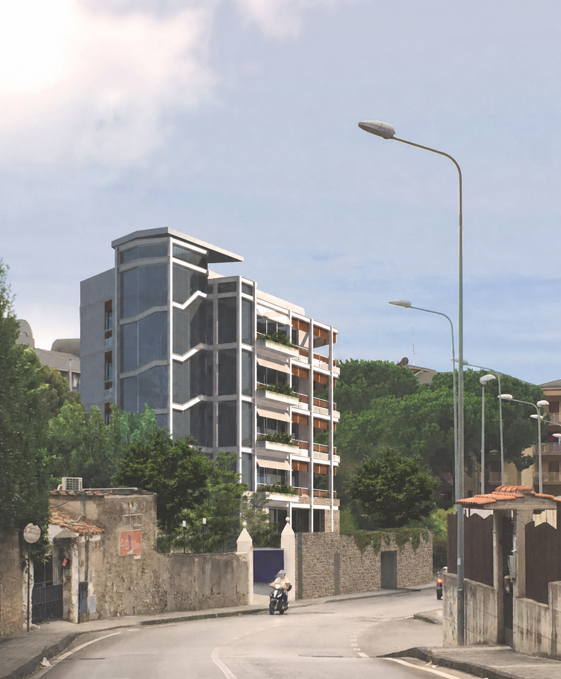 Render dell'edificio plurifamiliare inserito nel contesto urbano